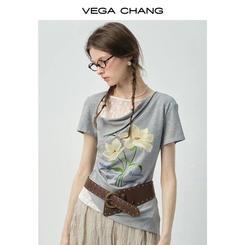VEGA CHANG短袖女t恤2025新款夏季 蕾丝拼接不对称上衣0567SQ