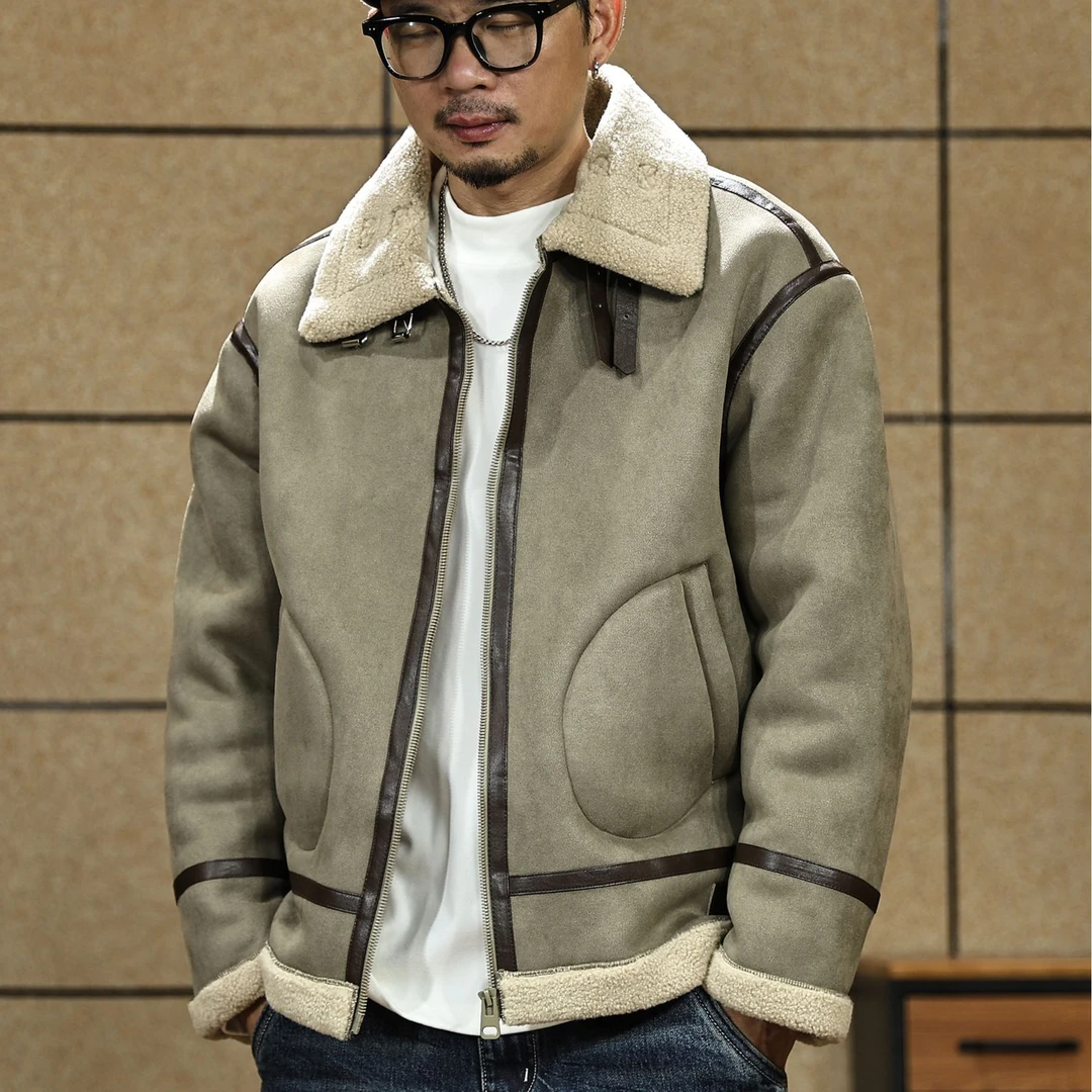 美式复古撞色麂皮绒加厚保暖棉衣外套男2025冬季宽松羊羔毛棉服潮