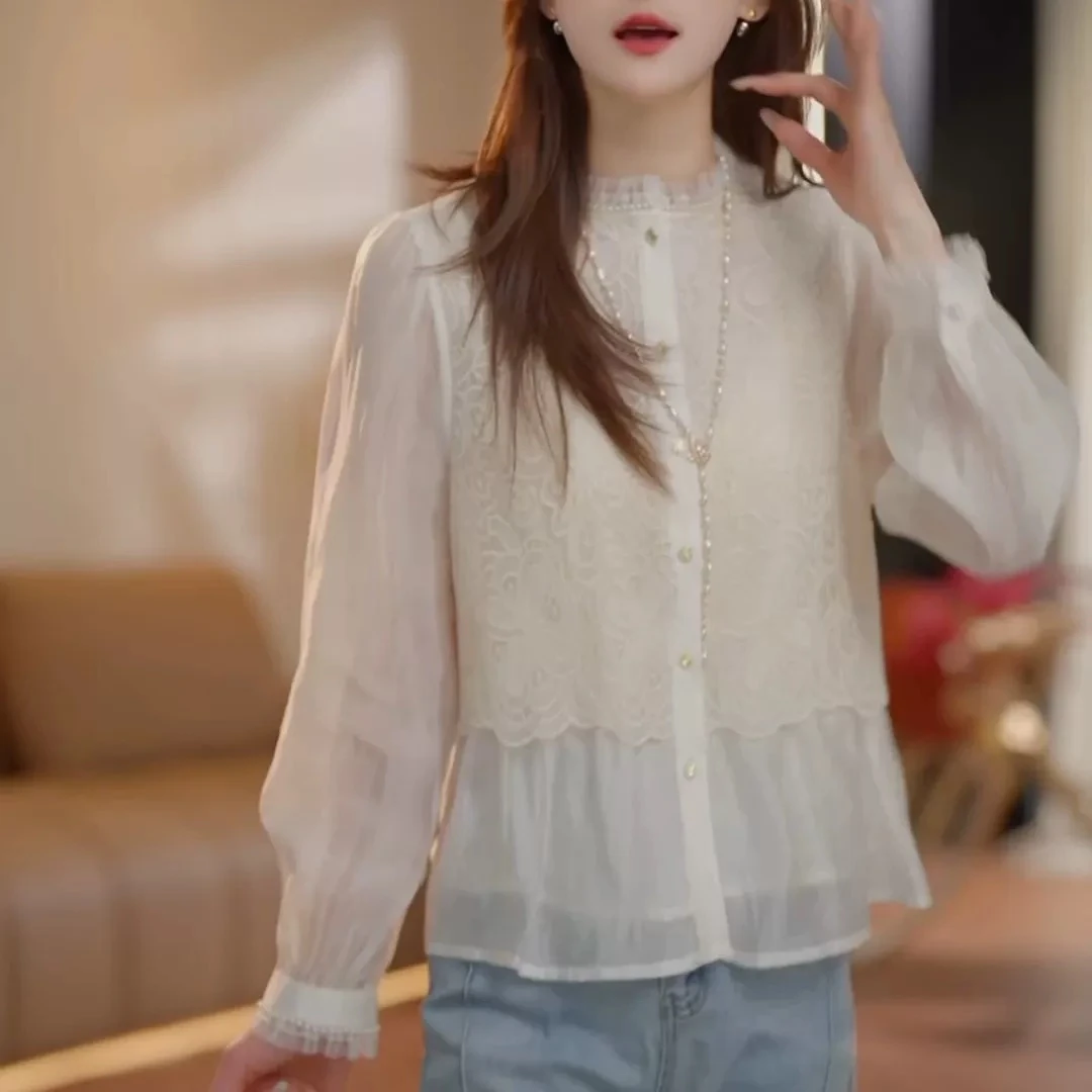 2025年春装新款圆领蕾丝假两件衬衫女时尚百搭小众别致上衣长袖