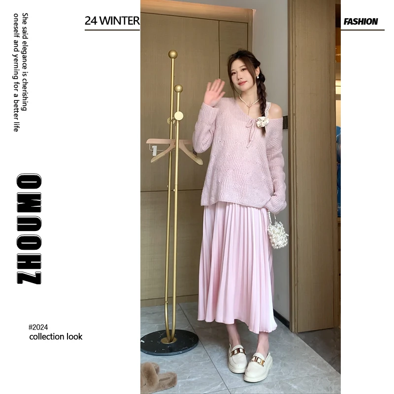 【粉色樱花】●ZM穿搭&自制孕妇大圆领宽松上衣搭孕期托腹百褶裙套装