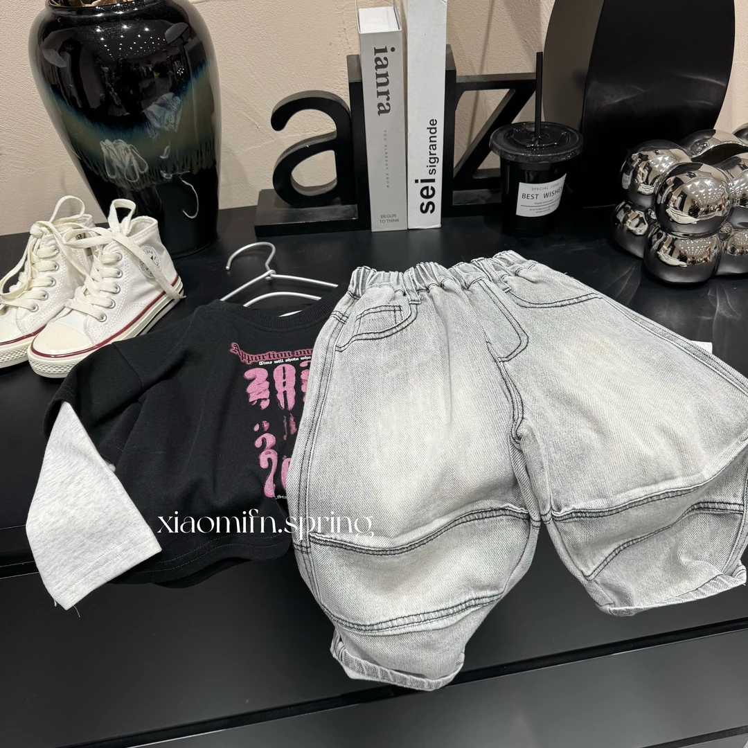 【韵小田】2025春季新款韩版拼接做旧牛仔长裤儿男童时尚洋气G957