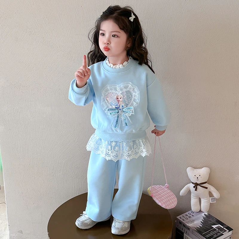 女童花边爱莎卫衣套装2025新款儿童春秋装韩版洋气宝宝休闲两件套