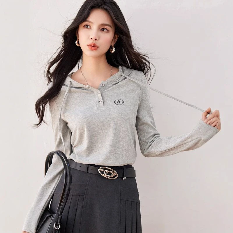 韩版慵懒风灰色连帽T恤女秋冬新款减龄显瘦气质抽绳百搭休闲上衣