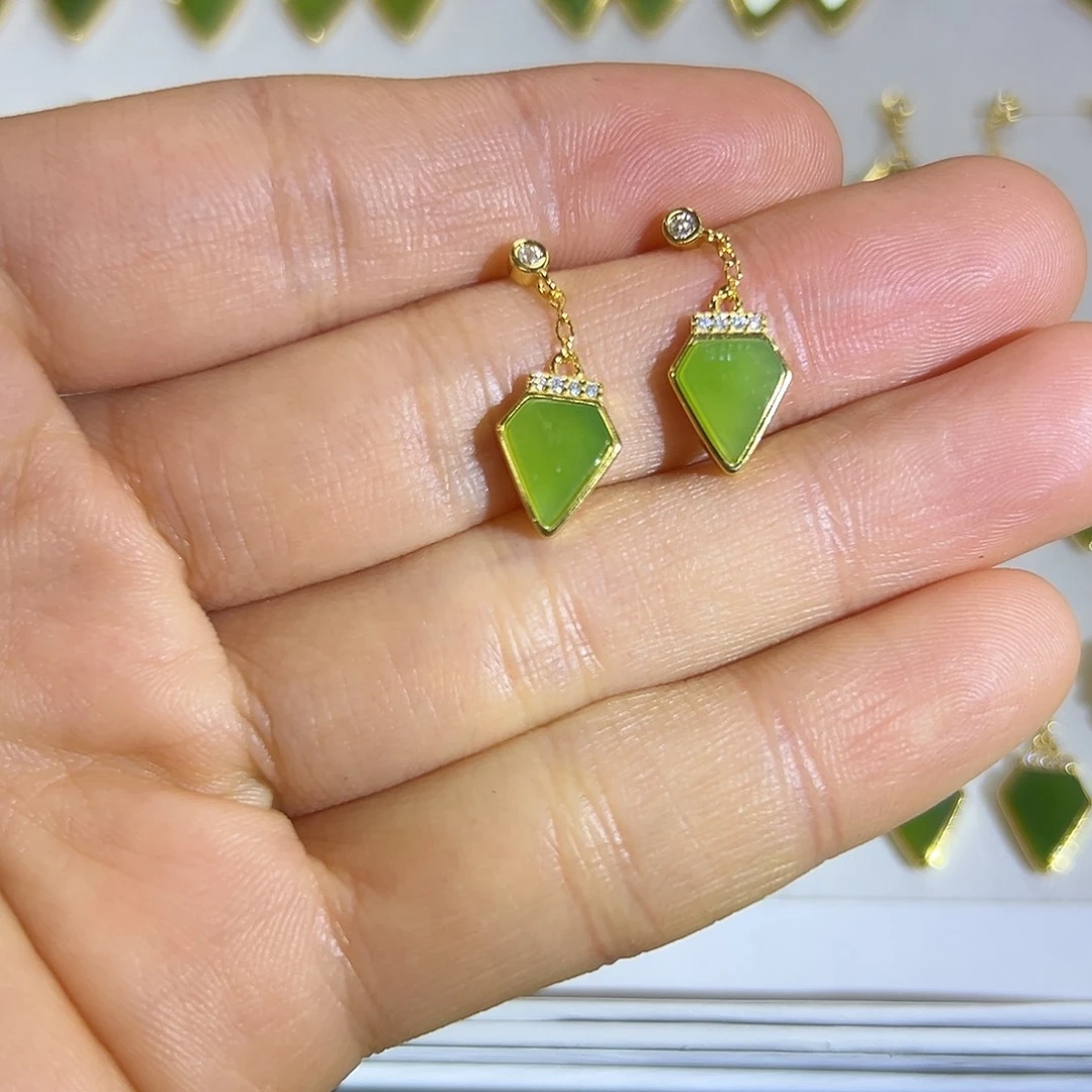 和田玉耳钉银S925镶嵌木*夕