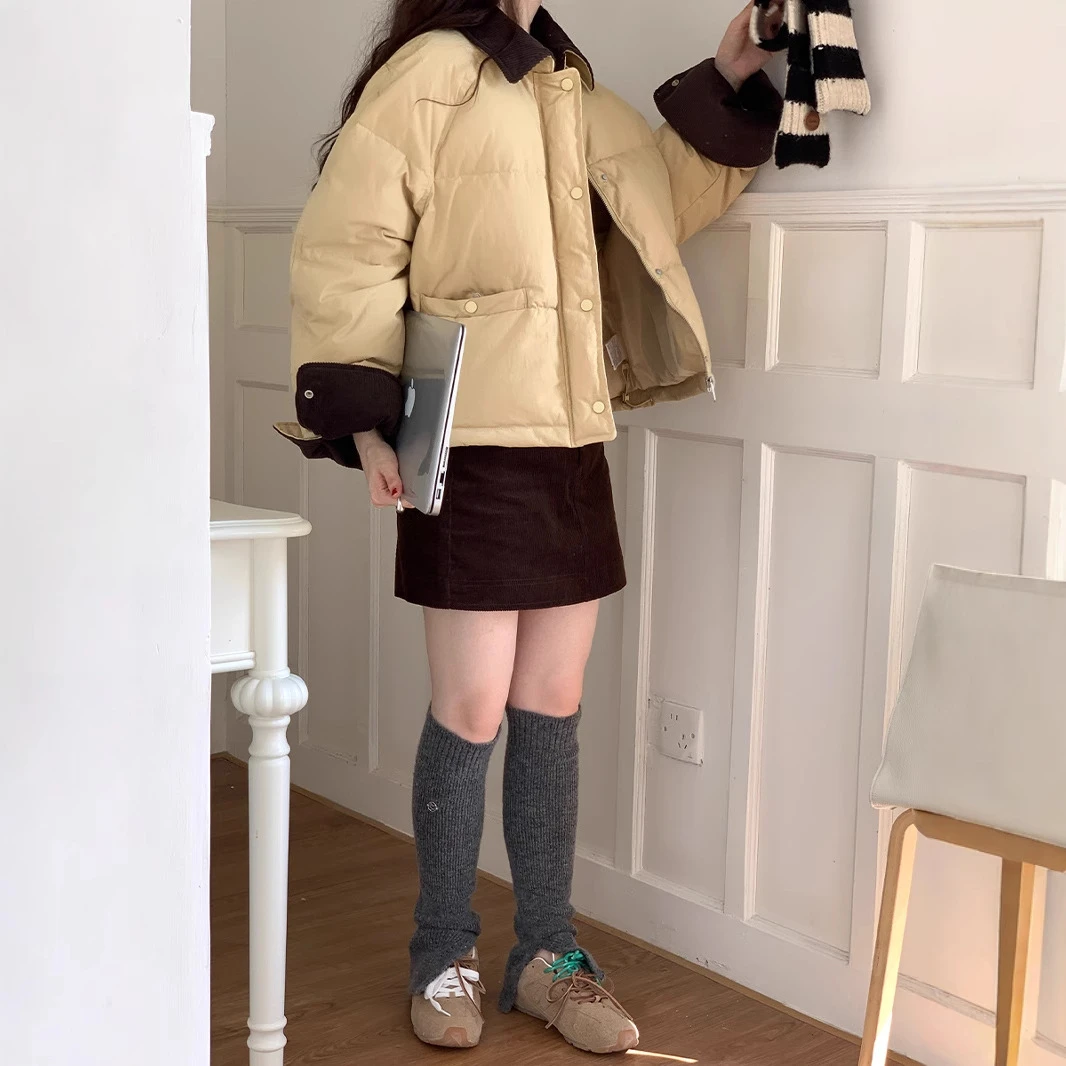 撞色翻领羽绒服女冬季新款韩版宽松百搭保暖白鸭绒外套