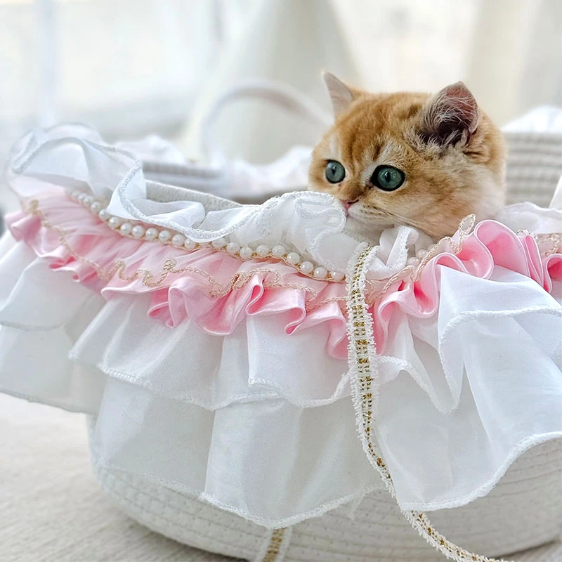 猫窝手工编织手提篮夏季保暖四季通用藤编筐小猫用可爱公主风狗窝