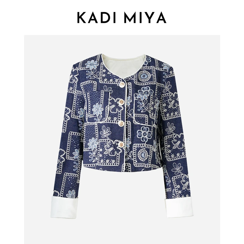 KADIMIYA【青花瓷】法式重工牛仔刺绣花朵外套高级减龄短外套