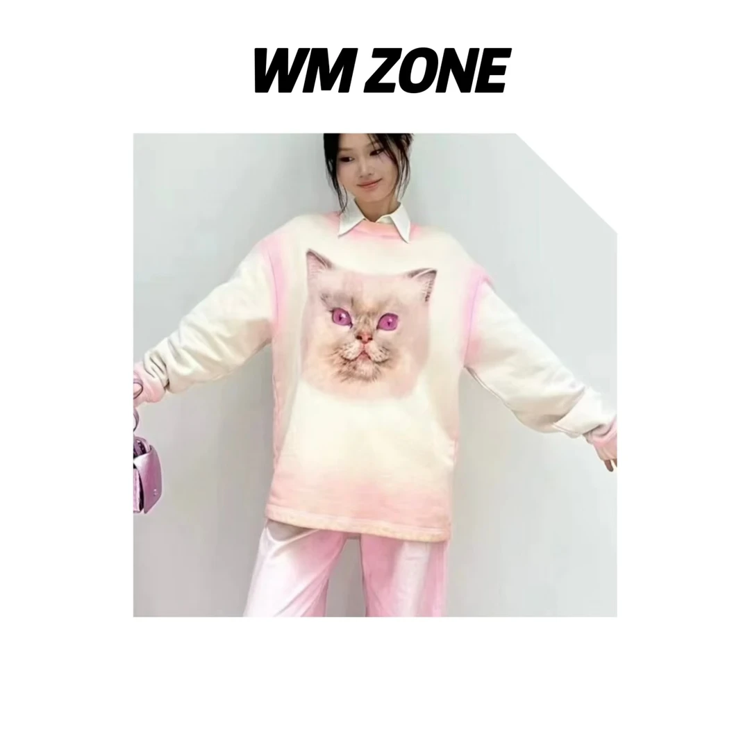 虎儿 3-2750 猫咪做旧印花扎染圆领卫衣