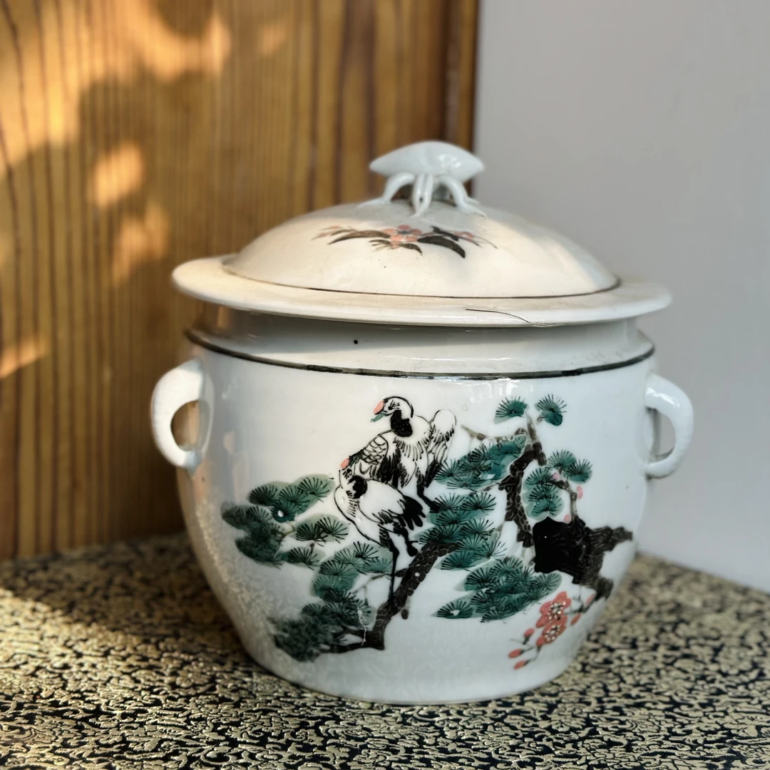 醴陵老瓷器釉下五彩手绘60后松鹤罐盖有窑裂微瑕福利价