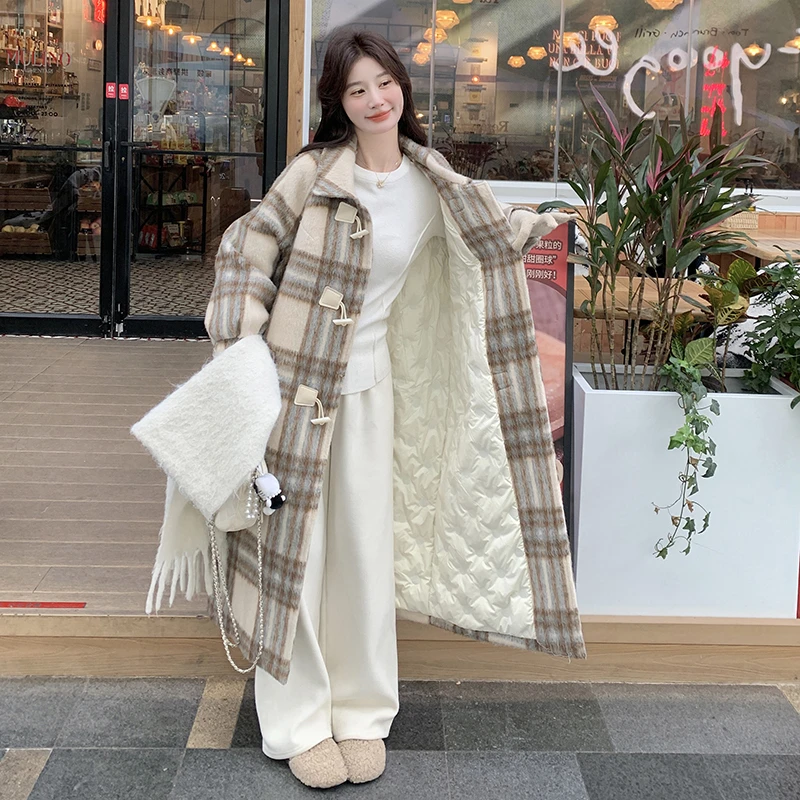 格子牛角扣毛呢大衣羽绒服内胆女冬2025新款高级感加厚白鸭绒外套
