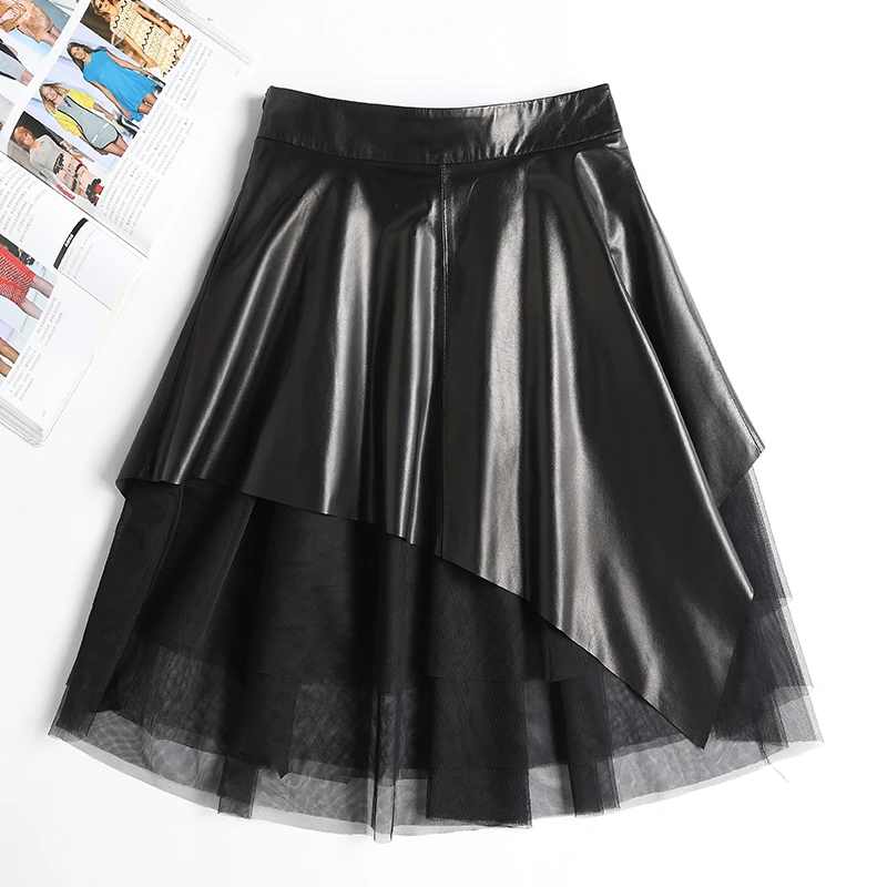 2025新款真皮皮裙女中长裙款时尚百搭个性皮裙纱裙半裙不规则拼接