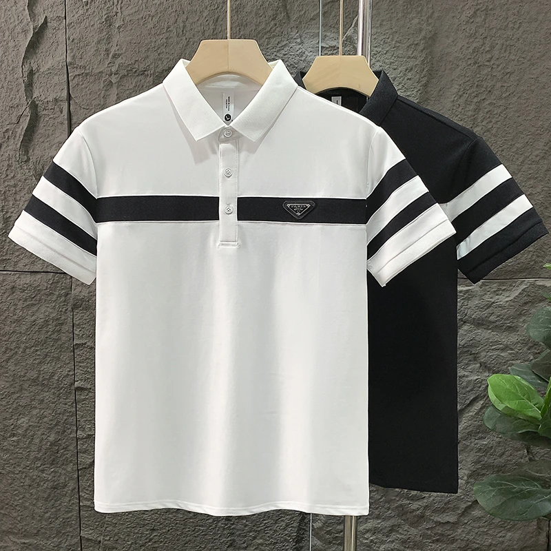 男士百搭休闲时尚短袖POLO衫半袖潮流条纹撞色夏季透气韩版帅气