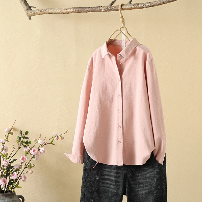 2024早春磨毛棉加厚长袖纯色衬衫女休闲简约衬衣打底上衣