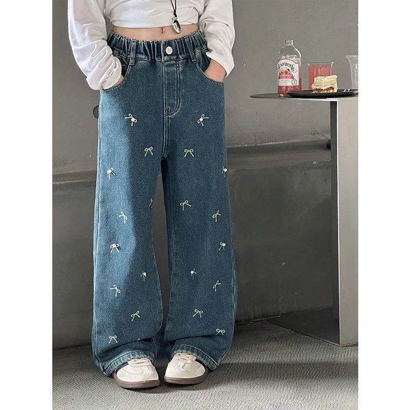 K27667女童裤子春秋装儿童牛仔裤2025新款大童洋气宽松直筒裤时髦