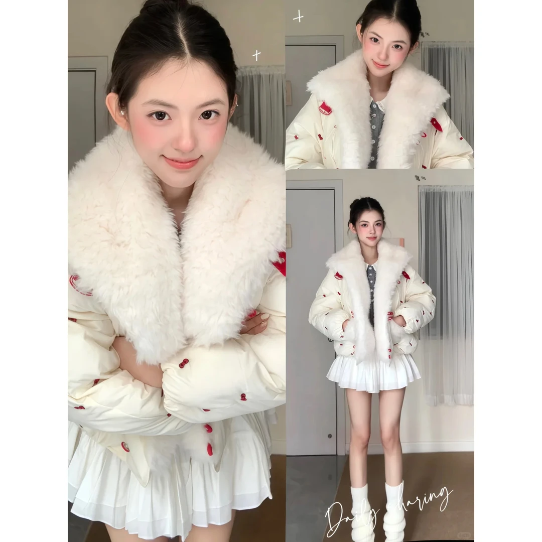 秋冬甜美气质娃娃领蝴蝶结加厚长袖外套棉服内搭针织衫百褶半身裙