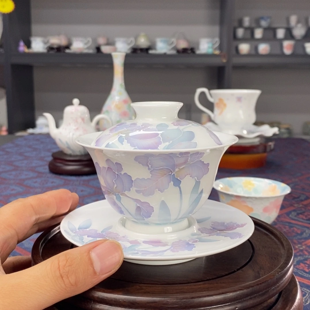 鸢尾花盖碗釉下手绘高温