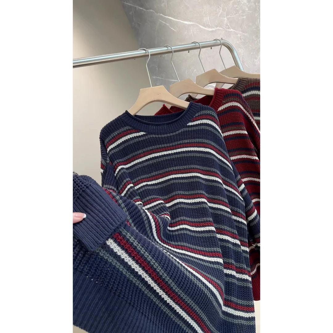 条纹慵懒风中长款针织毛衣秋冬宽松撞色圆领针织罩衫