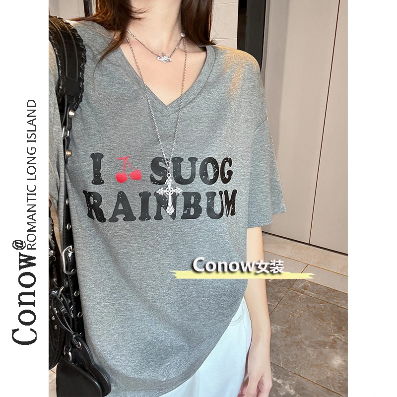 彩诺深V领大版T恤女夏季新款宽松慵懒男友风半袖时尚字母印花上衣