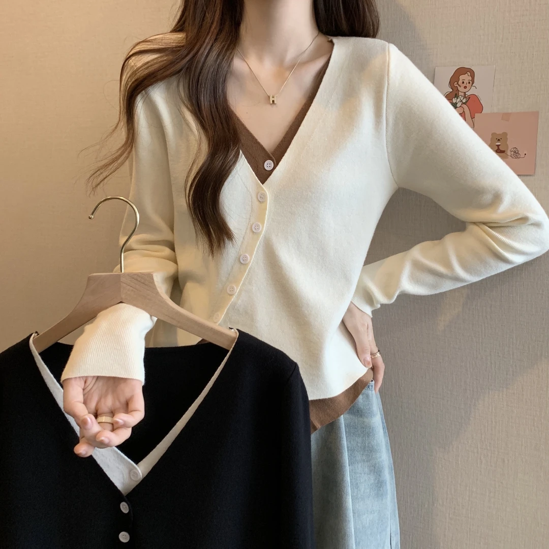 设计感小众不规则下摆假二件针织开衫女秋冬季修身显瘦撞色上衣女