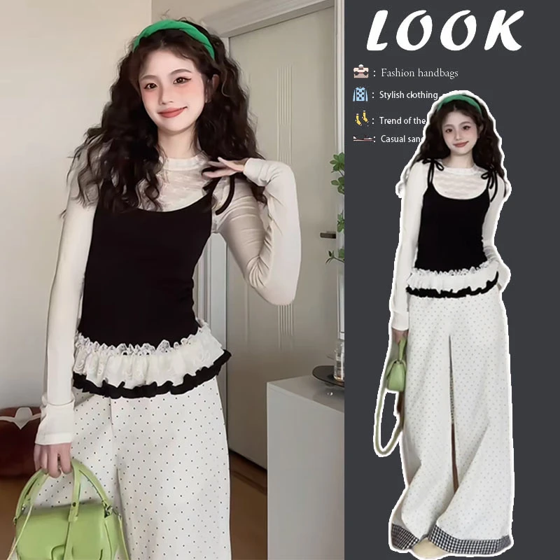 今年流行穿搭一整套2025新款韩系减龄设计假两件上衣阔腿裤两件套