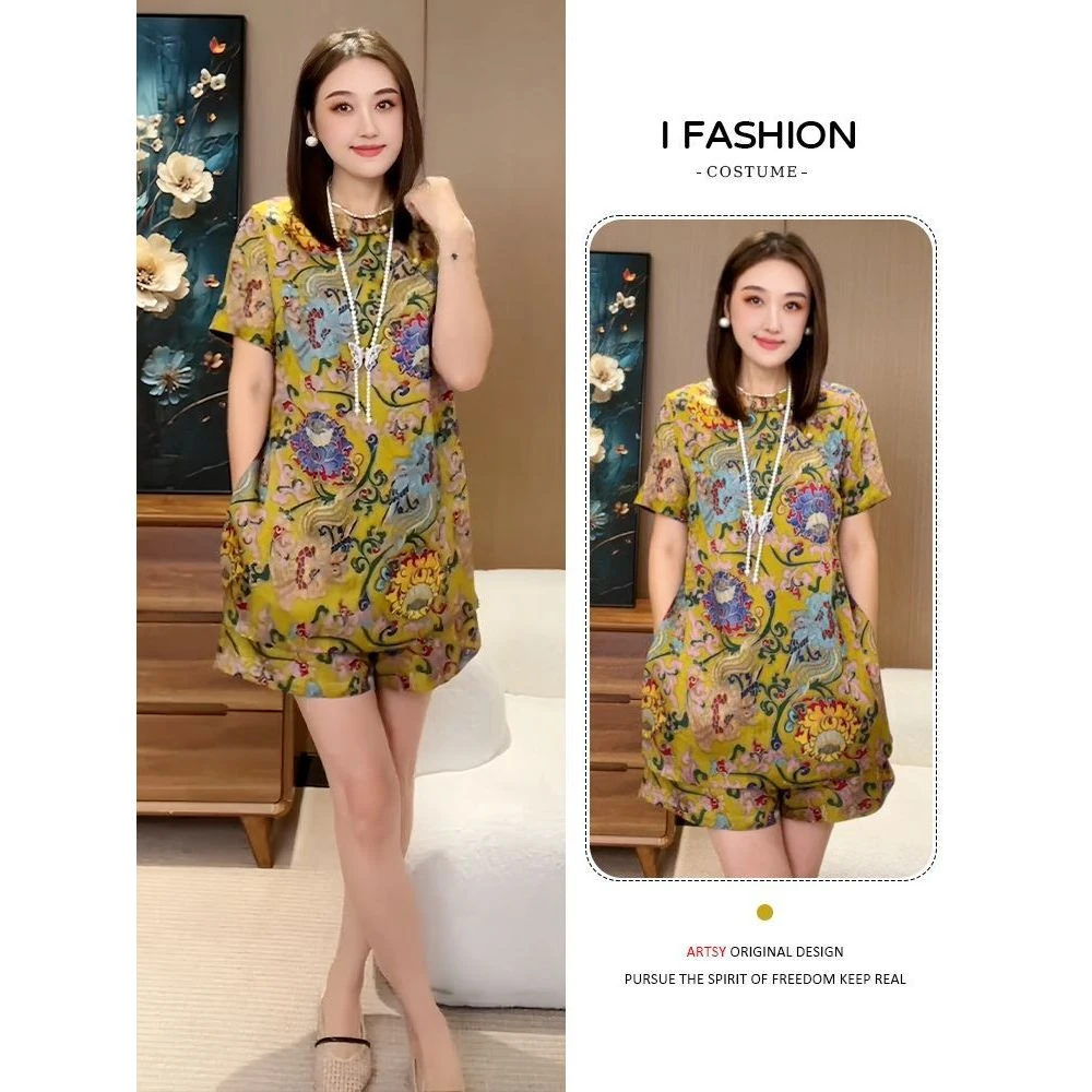 国风设计感撞色休闲套装女2025年夏季新款立领上衣高腰短裤两件套