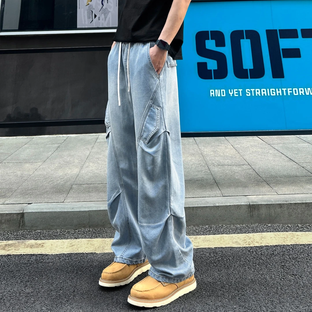 QUALCOMM夏季美式潮流褶皱冰感软牛仔裤男轻薄百搭cleanfit工装裤