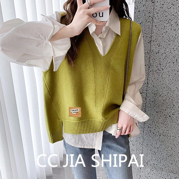 【橄榄绿马甲贴标】早秋新款显瘦针织衫宽松休闲时尚百搭针织衫