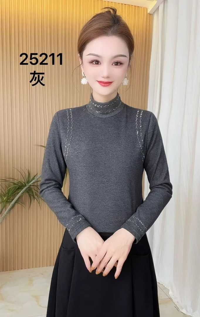 2025秋冬季半高领纯色烫钻洋气百搭气质时尚减龄显瘦长袖T恤25211