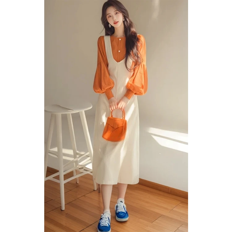 韩系风格穿搭一整套名媛气质千金风橘色衬衫裙2025超火两件套春装