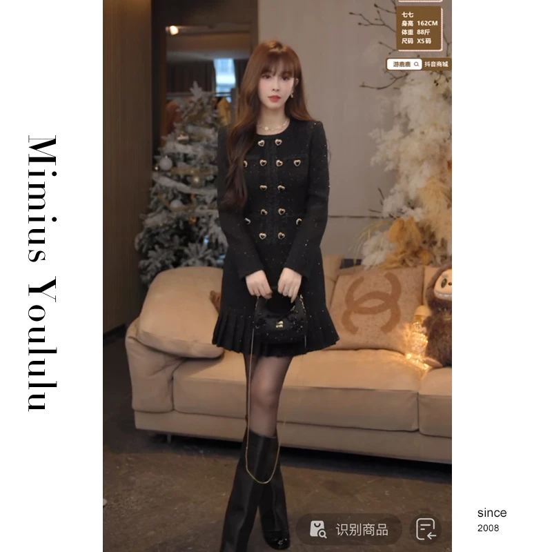 【mimius】七七 法式名媛风心型纽扣收腰针织连衣裙汉服F11337-1