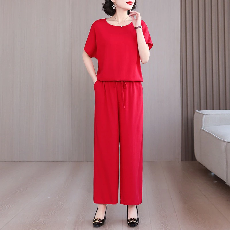 棉绸纯色套装女夏季抽绳短袖+阔腿长裤大码妈妈装外穿两件套