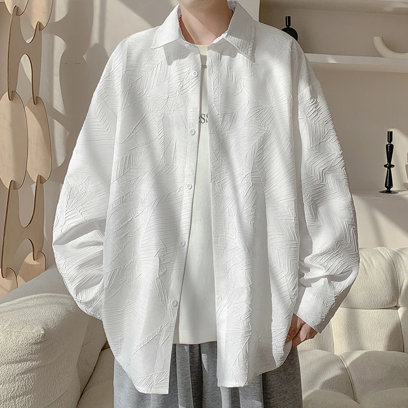 MTVO迈特优春季提花纹路翻领长袖衬衫男士休闲百搭港风衬衣 5457