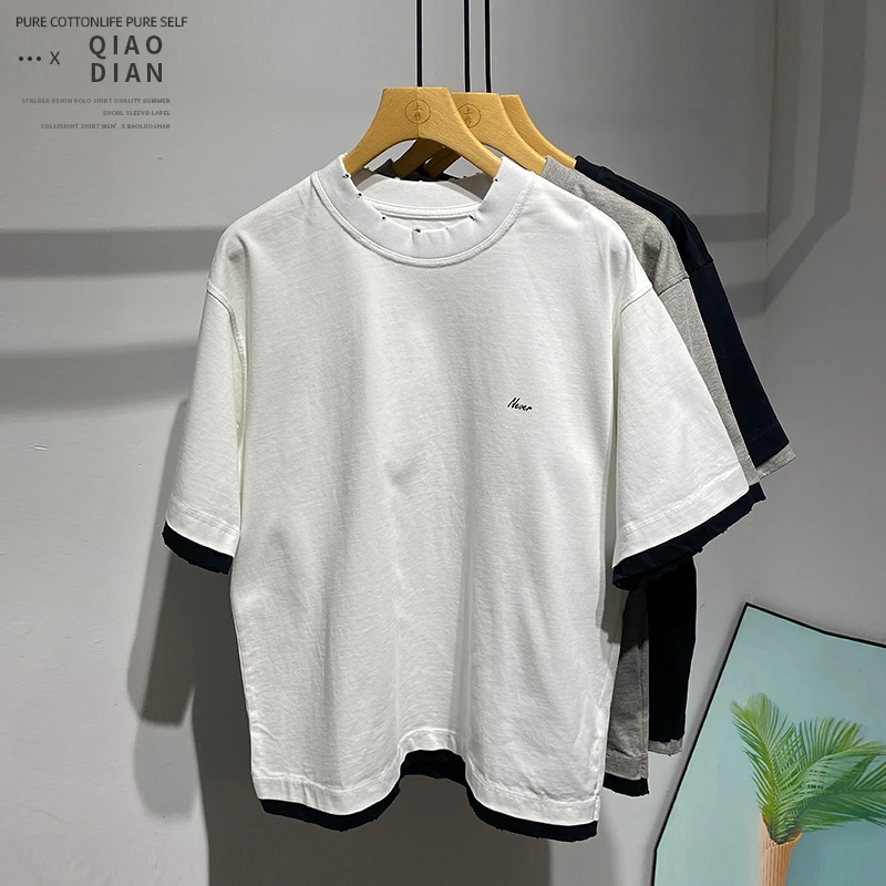 日系百搭宽松时尚印花设计个性假两件上衣夏季休闲水洗短袖T恤男