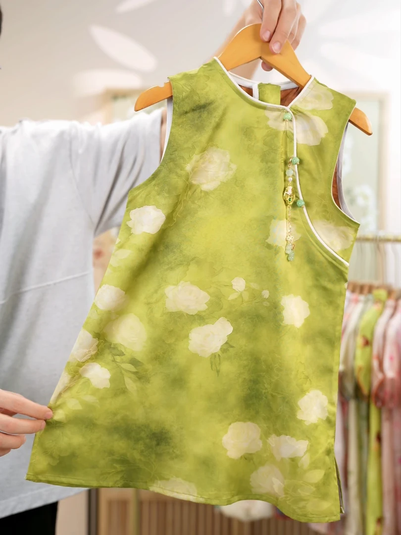 现货（绿色旗袍）夏季薄款女童连衣裙儿童新中式裙子显白旗袍背心裙