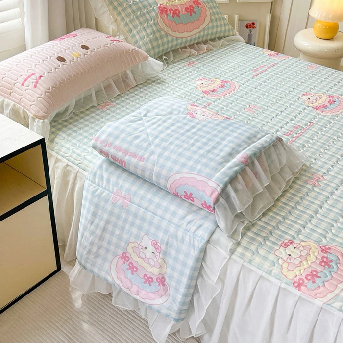 Warm【蛋糕猫咪】床裙款凉感丝凉席夏被四件套可机洗透气