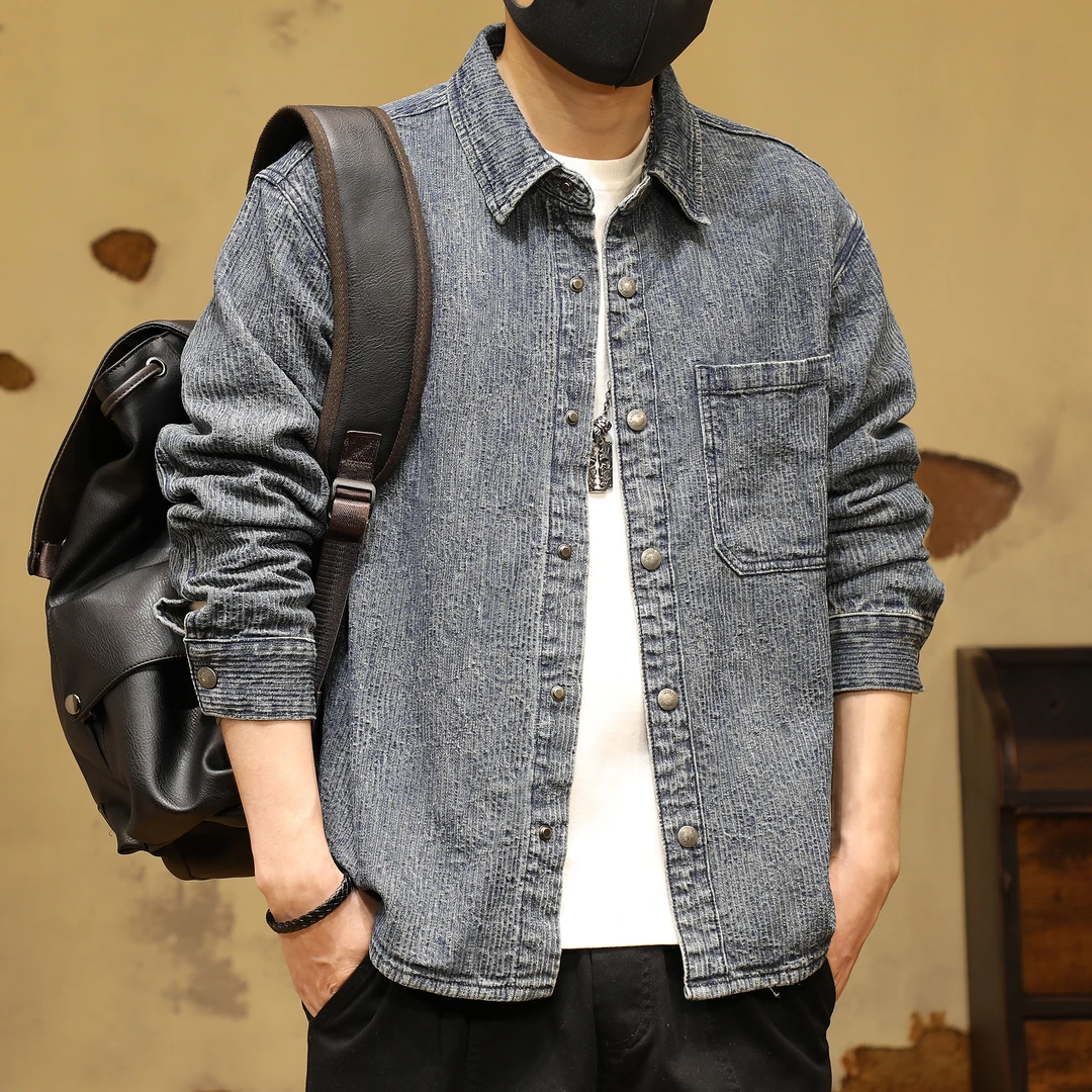 美式复古肌理感条纹提花牛仔衬衫男士春秋季宽松潮牌衬衣外套男装