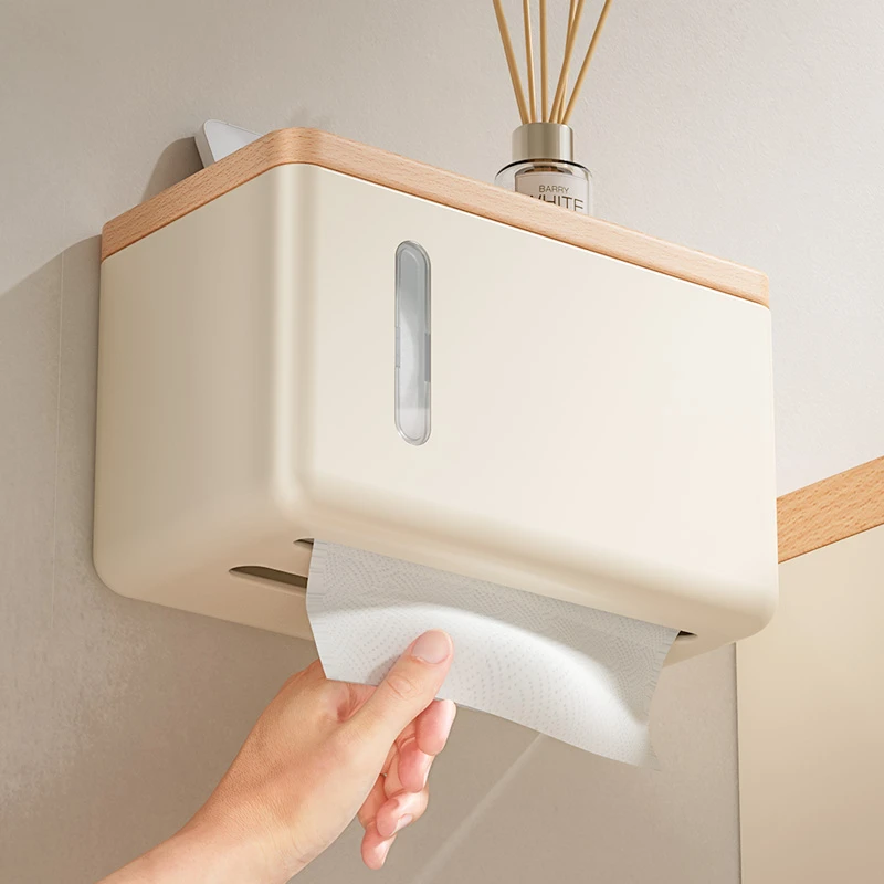 原木奶油风卫生间厕纸盒免打孔壁挂式厕所纸巾盒防水卫生纸置物架