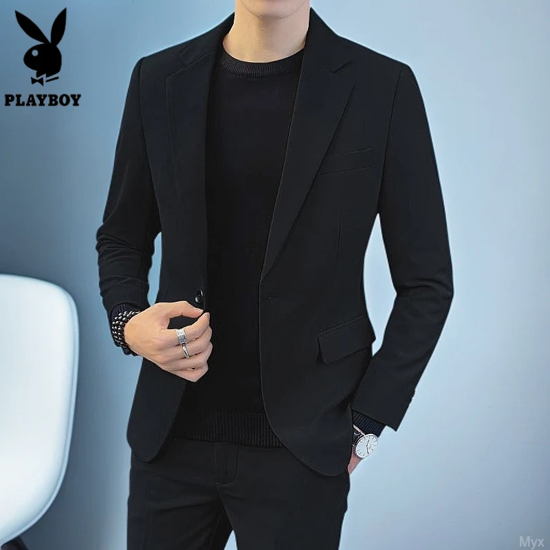 PLAYBOY花花公子修身黑色西服套装男士帅气冬季流上衣服小西装外