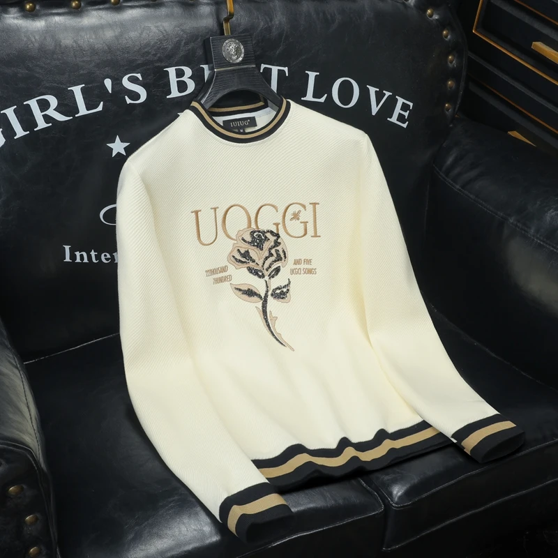 希敦纽勒欧货圆领卫衣男秋季流行玫瑰花刺绣修身t恤休闲打底衫