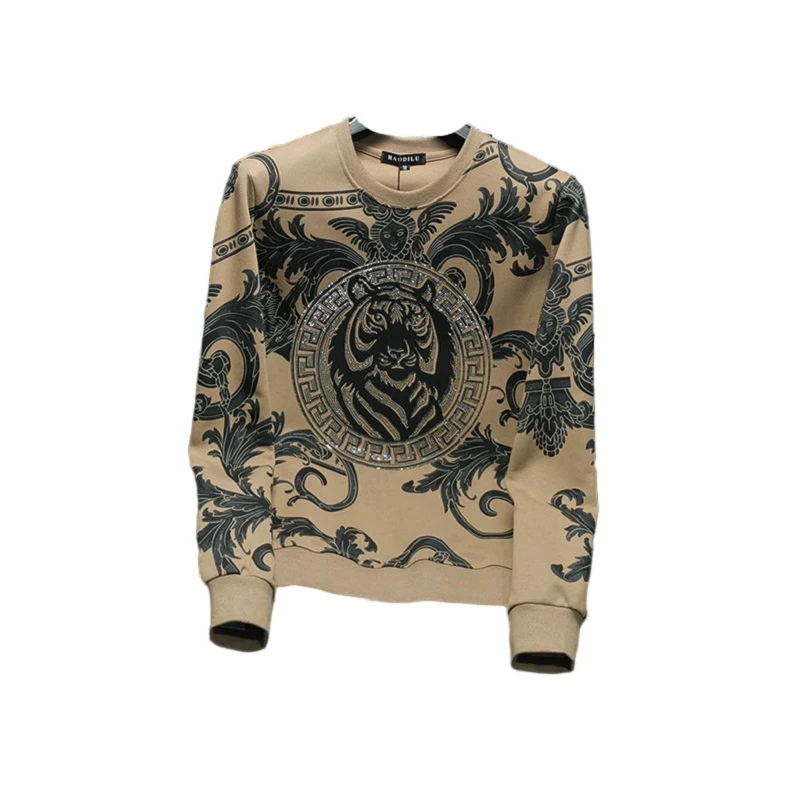 老虎头印花烫钻圆领套头衫卫衣男士运动休闲百搭长袖t恤打底衫潮