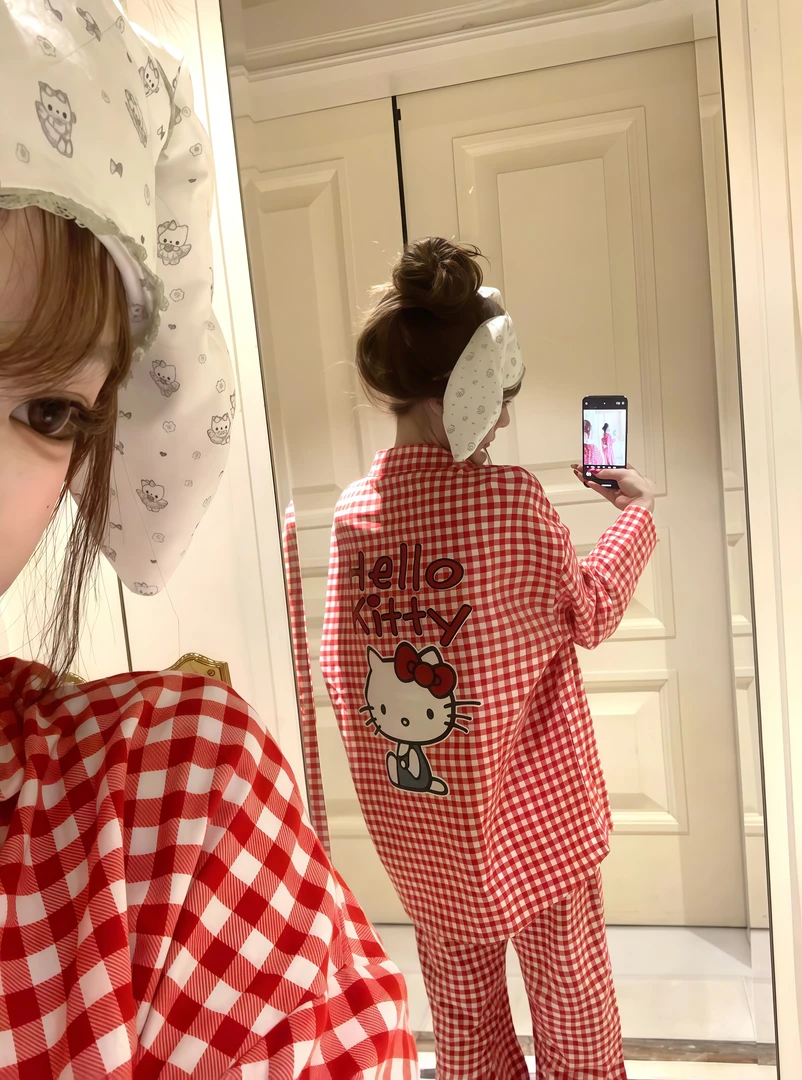 少女甜美可爱卡通格子凯蒂猫睡衣女春秋新款长袖长裤家居服可外穿