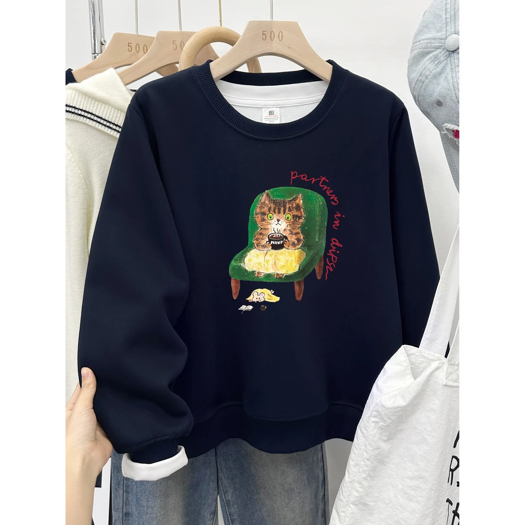 藏蓝色正肩卫衣女外套秋季2025新款加绒加厚宽松大码慵懒风上衣服