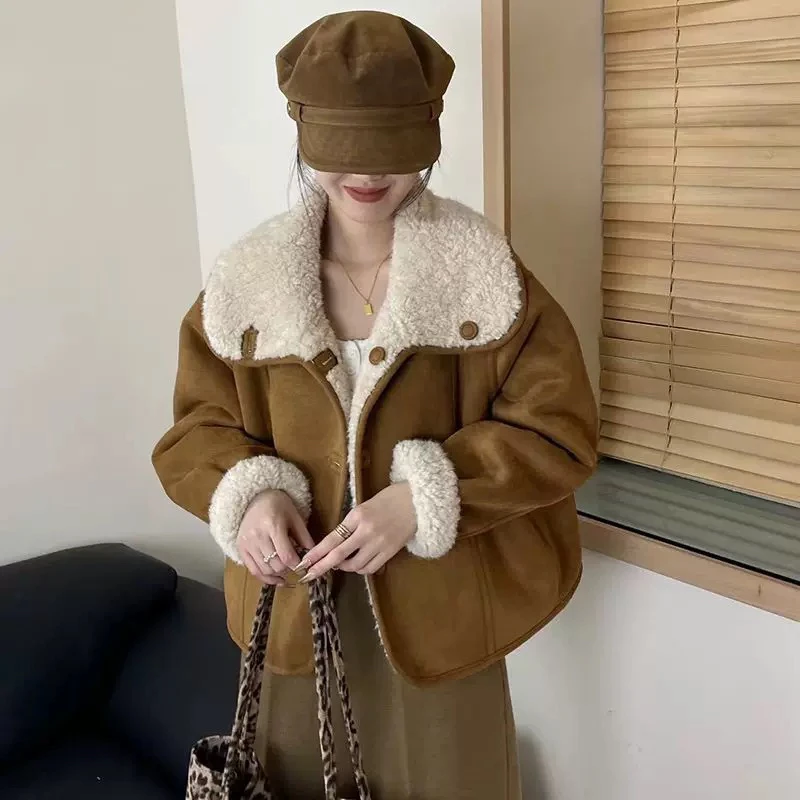 小个子两面穿羔毛外套女冬季新款加绒麂皮绒上衣女加厚