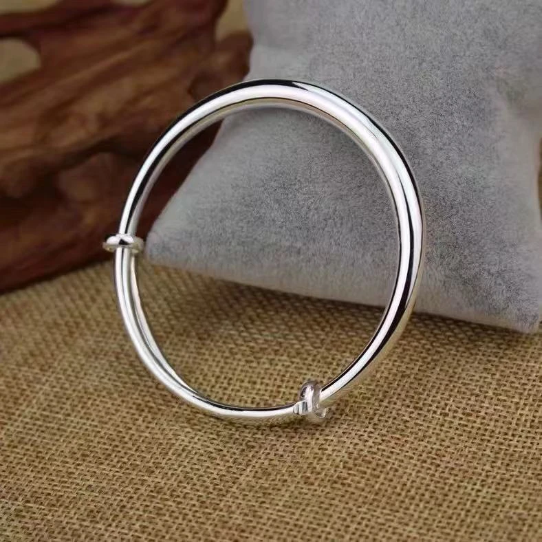 足银手镯 H28足银999.9百搭光面素圈推拉手镯手镯简约经典