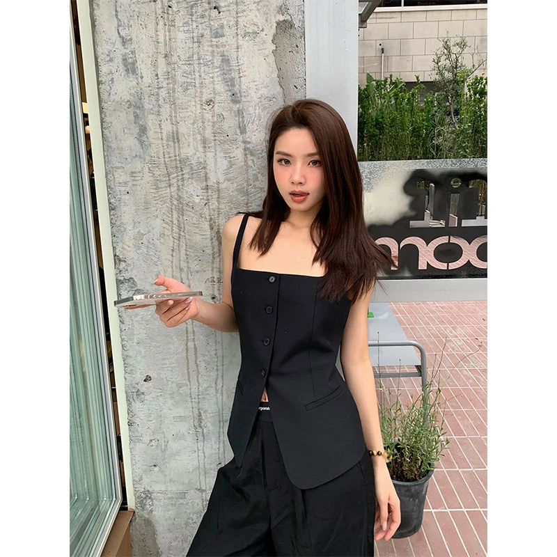 时尚套装女夏季老钱风气质收腰方领吊带背心高腰直筒阔腿裤两件套