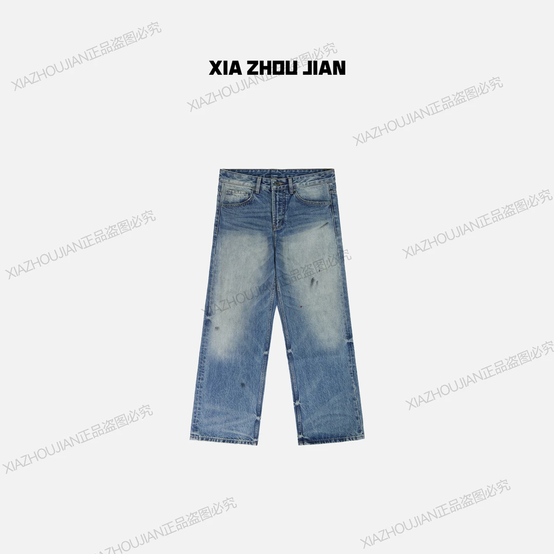 【譚星】25A/W 中古手工擦色 灰雾蓝调 流理猫须纹工艺 直筒牛仔裤