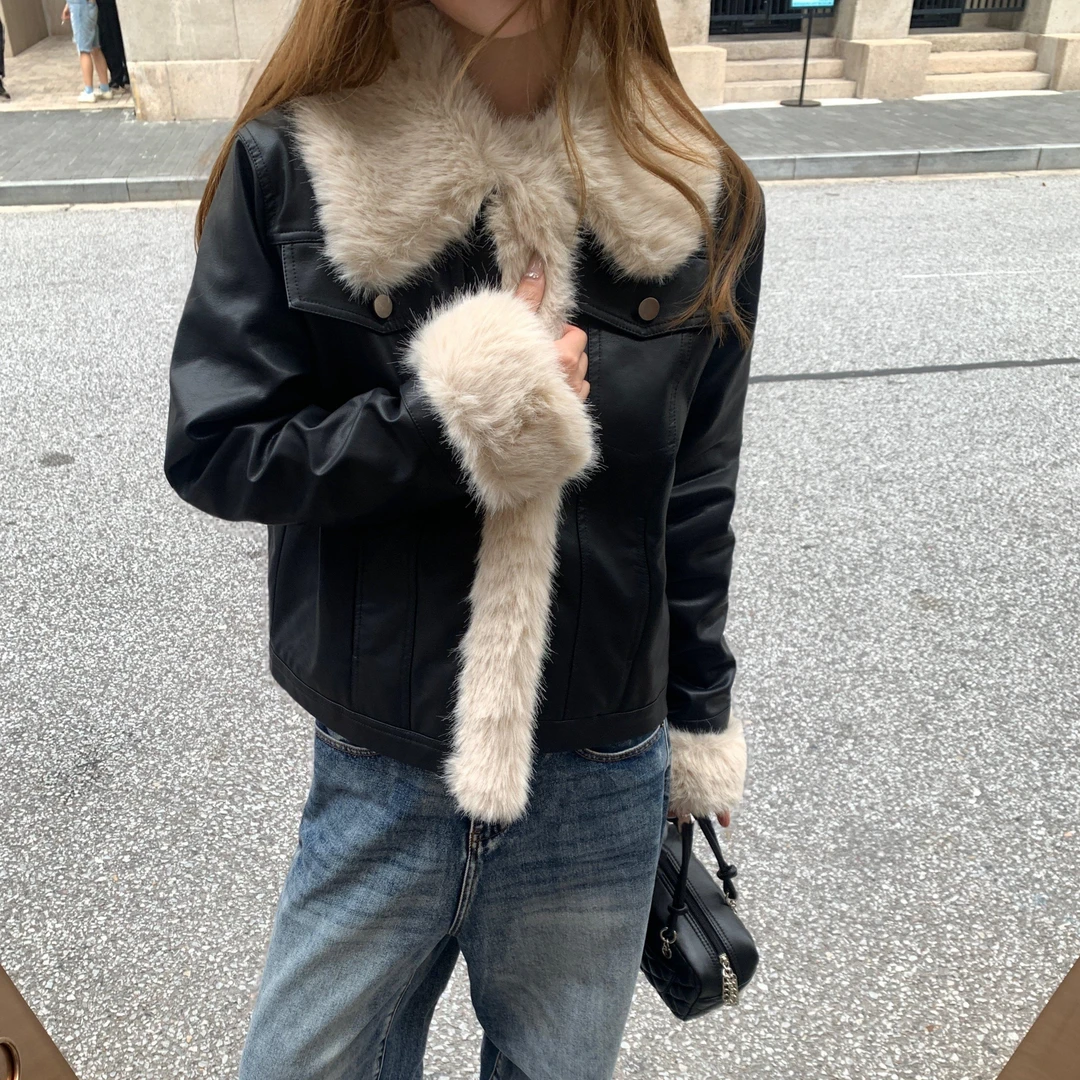 SUNIRIROR 皮袄秋冬新款毛毛领黑色皮衣外套女百搭显瘦高级感棉服
