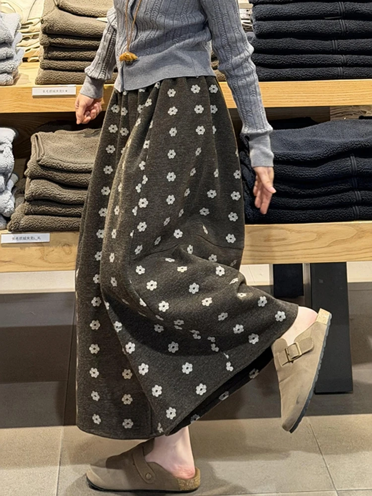 咖色复古印花毛呢阔腿裙裤女秋冬大码胖mm小个子九分a字休闲裤裙