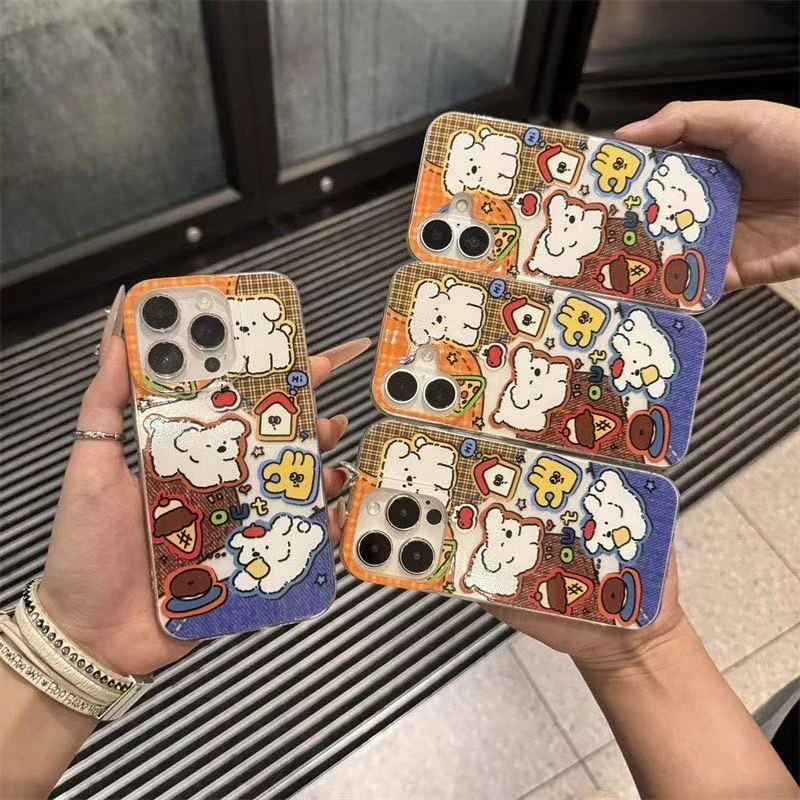 格纹拼接奔跑小狗适用苹果16Promax大孔手机壳vivo华为oppo小米15