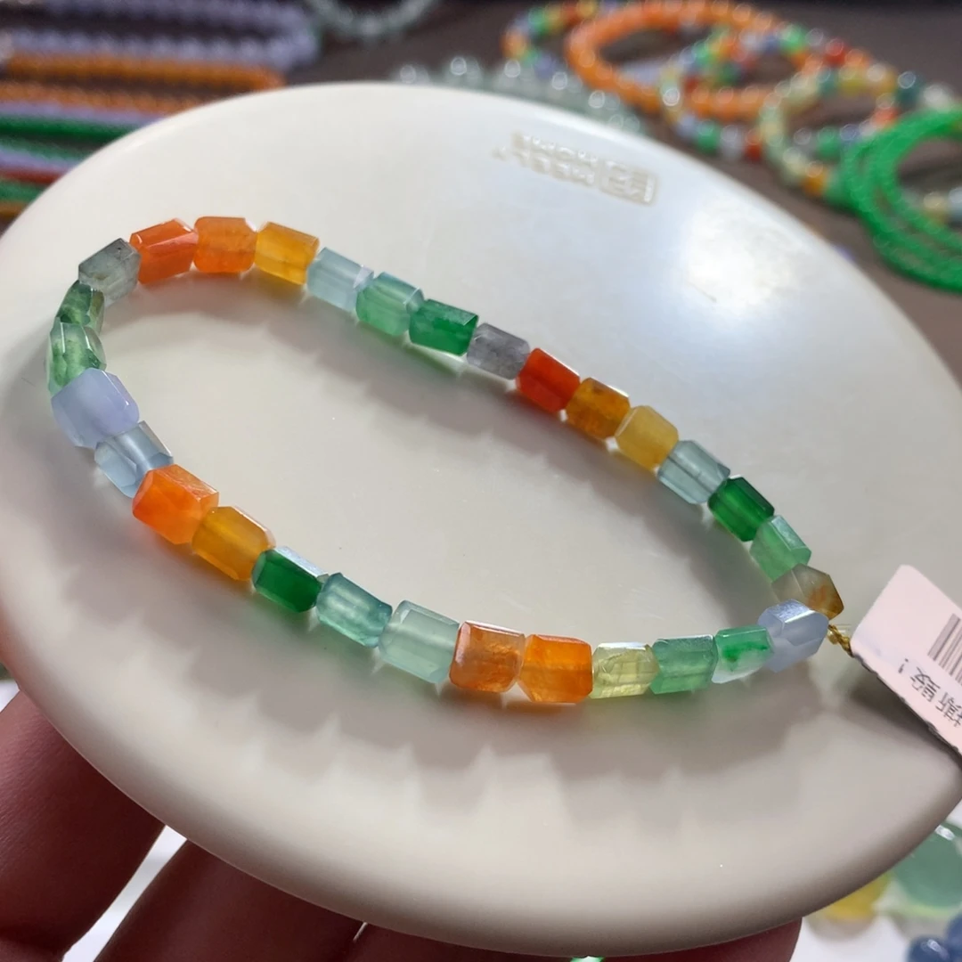 翡翠未镶嵌手链热门款*冰底艳彩彩虹糖果缤纷方糖随形